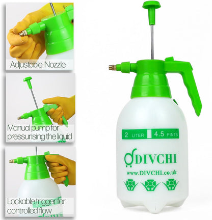 DIVCHI 2L Pressure Spray Bottle with Adjustable Nozzle Portable Hand Pump Garden Water Sprayer – Weed Killer Hand Held Lawn Plant Sprayer – Heavy Duty Material – Small Compact