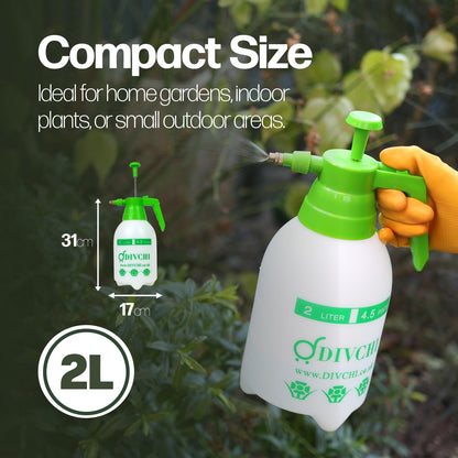 DIVCHI 2L Pressure Spray Bottle with Adjustable Nozzle Portable Hand Pump Garden Water Sprayer – Weed Killer Hand Held Lawn Plant Sprayer – Heavy Duty Material – Small Compact