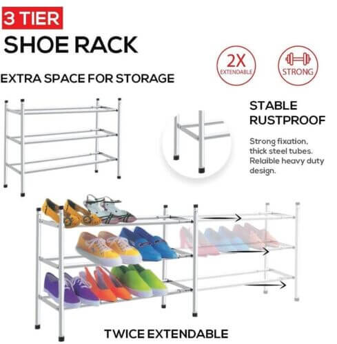 Shoe Storage Cabinet Grey | Chrome Extendable Shoe Rack