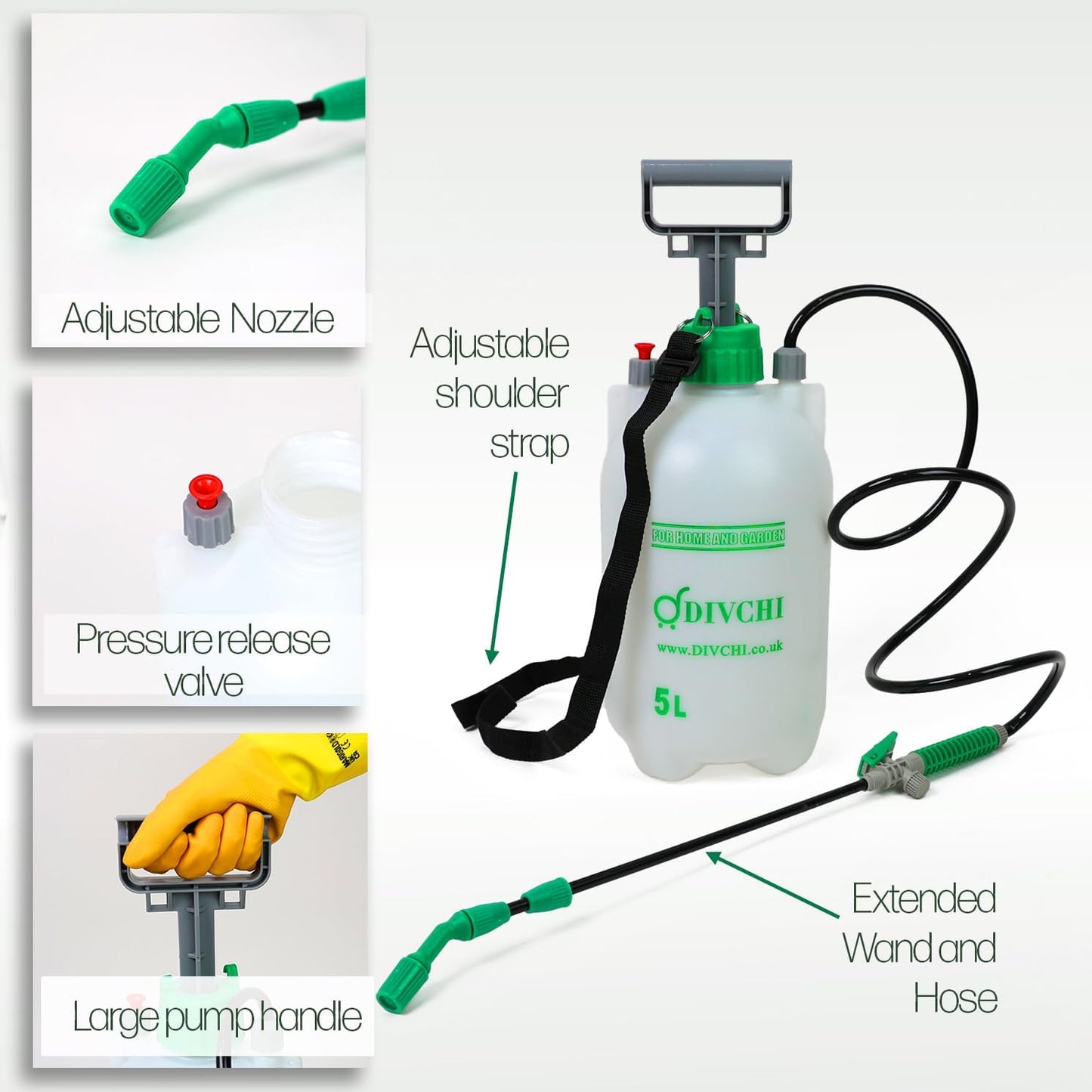 DIVCHI 5 Litre Pump Action Pressure Sprayer with Adjustable Nozzle & Carrying Strap | High-Pressure Pump Spray for Weed Killer Pesticides Fungicides Cleaning | Water Sprayer Bottle