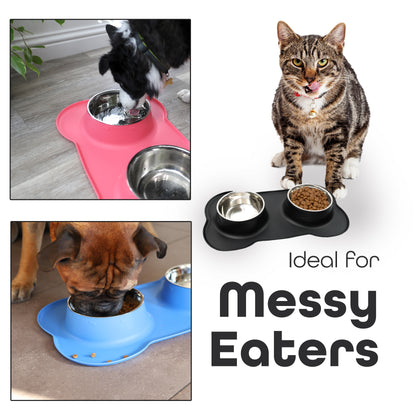 Pets Bowl Food And Drink Double Bowls Set With Silicone Mat Tray For Pets