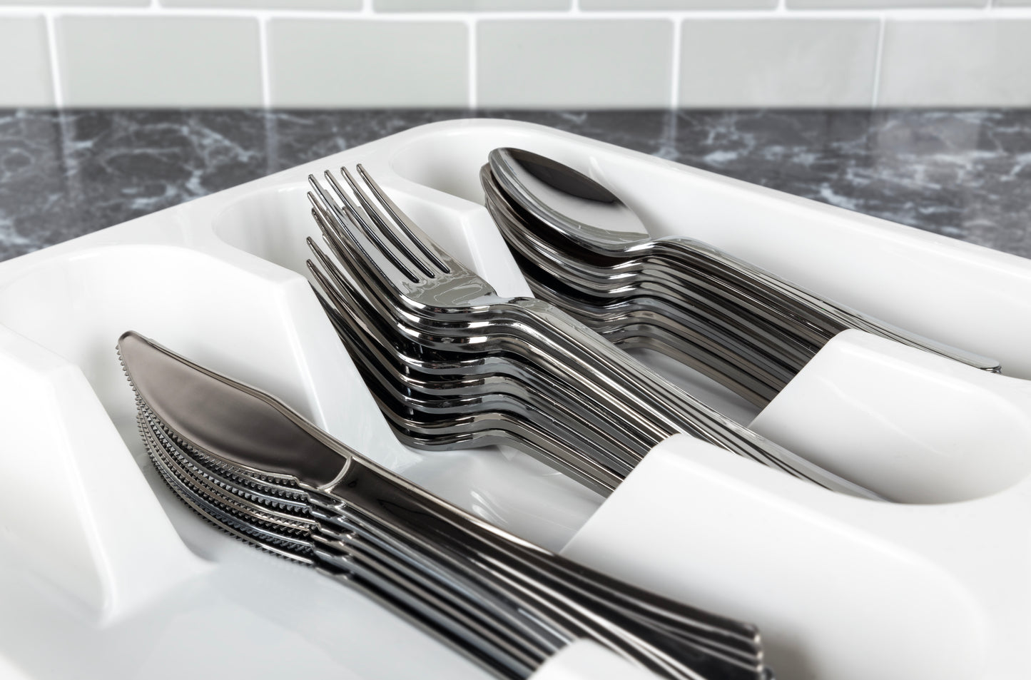 144 Pcs Metallic Cutlery Set Silver Includes Fork , Spoon & Knife