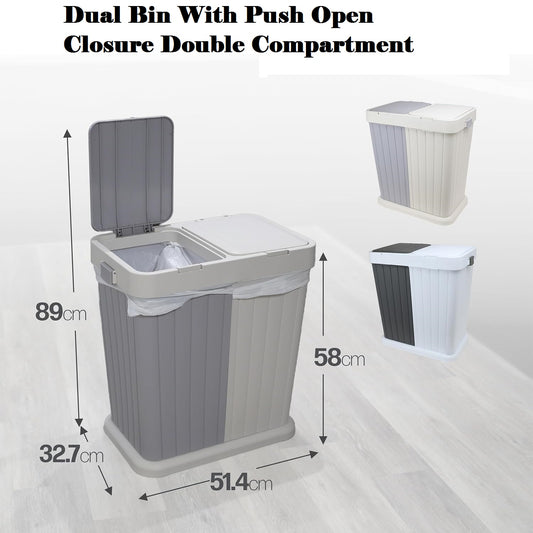 Dual Bin With Push Open Closure Double Compartment Waste & Recycling Bin Space-Saving Rubbish Bin Trash Can