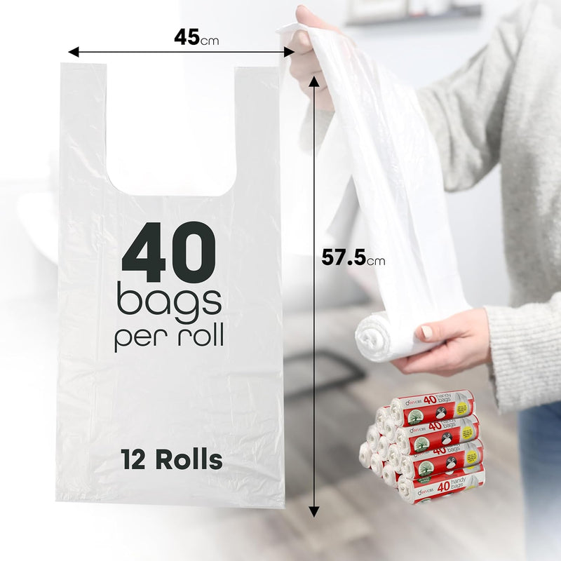 12 Rolls x 40 Bags Plastic Bin Bags For Kitchen Track with Tie Handle