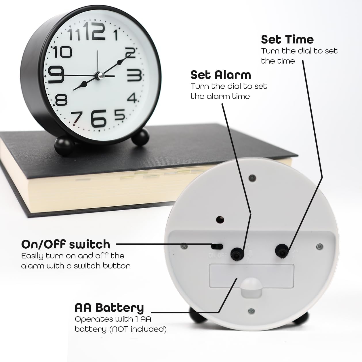 Non-Ticking Table Clock With Large Display Battery Powered For Heavy Sleepers