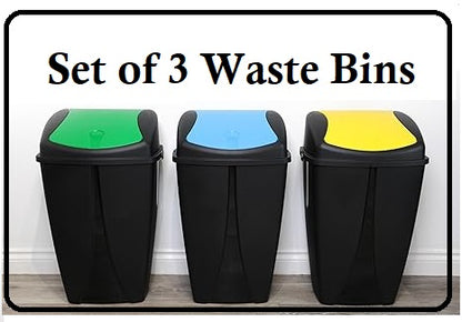 Set of 3 Plastic Flip Top Waste Bin with Removable Swing Lid  For Home Bathroom Office