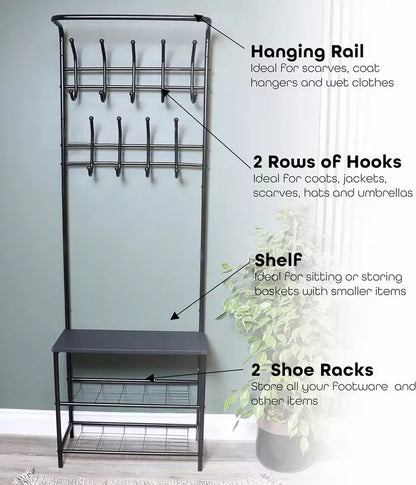 4-in-1 Coat Rack with Shoe Storage Bench 9 hooks for Clothes & Hats