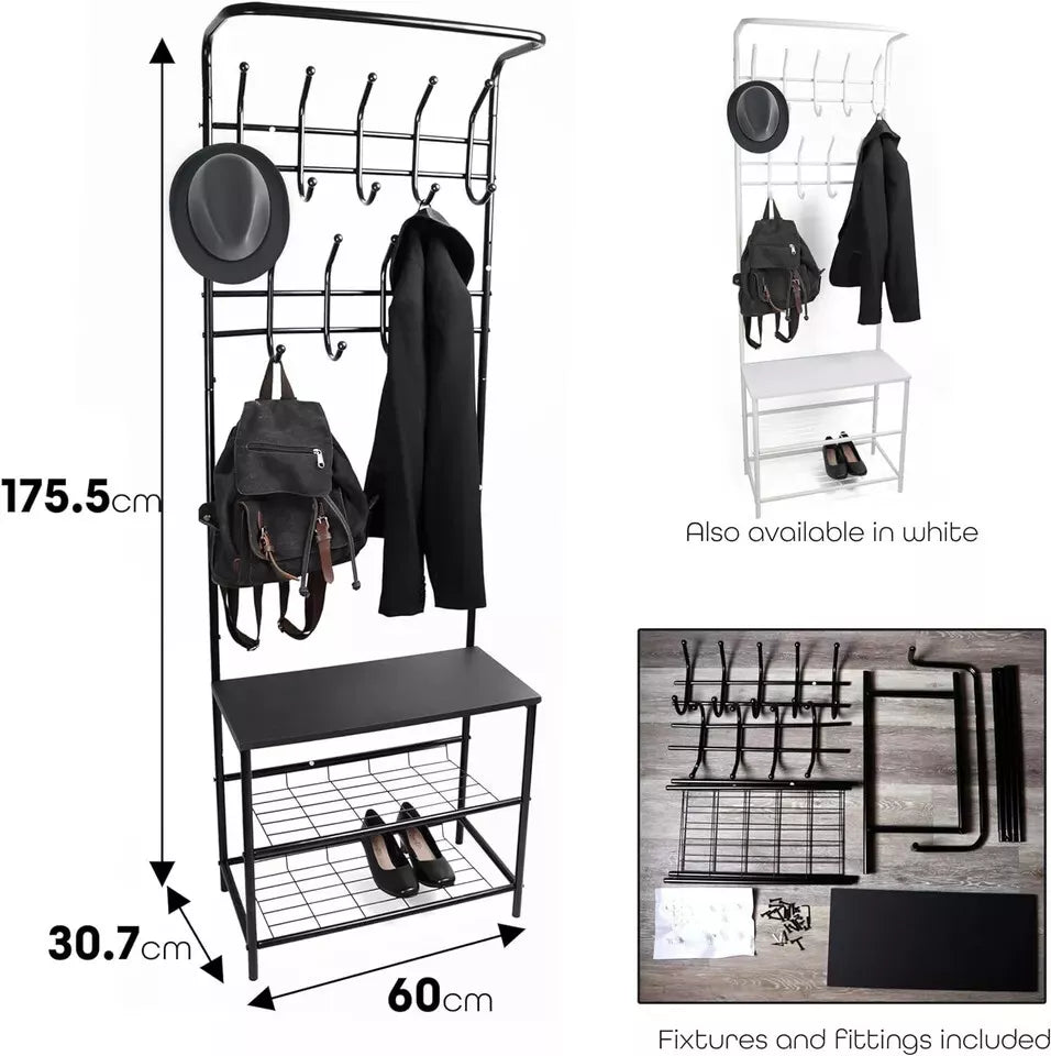 4-in-1 Coat Rack with Shoe Storage Bench 9 hooks for Clothes & Hats