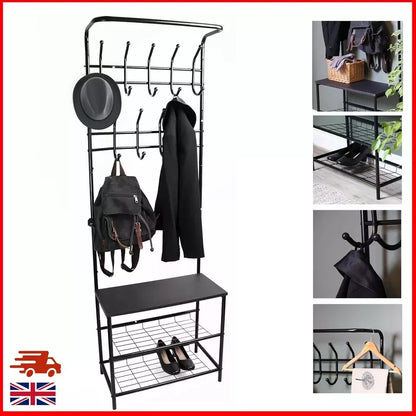 4-in-1 Coat Rack with Shoe Storage Bench 9 hooks for Clothes & Hats