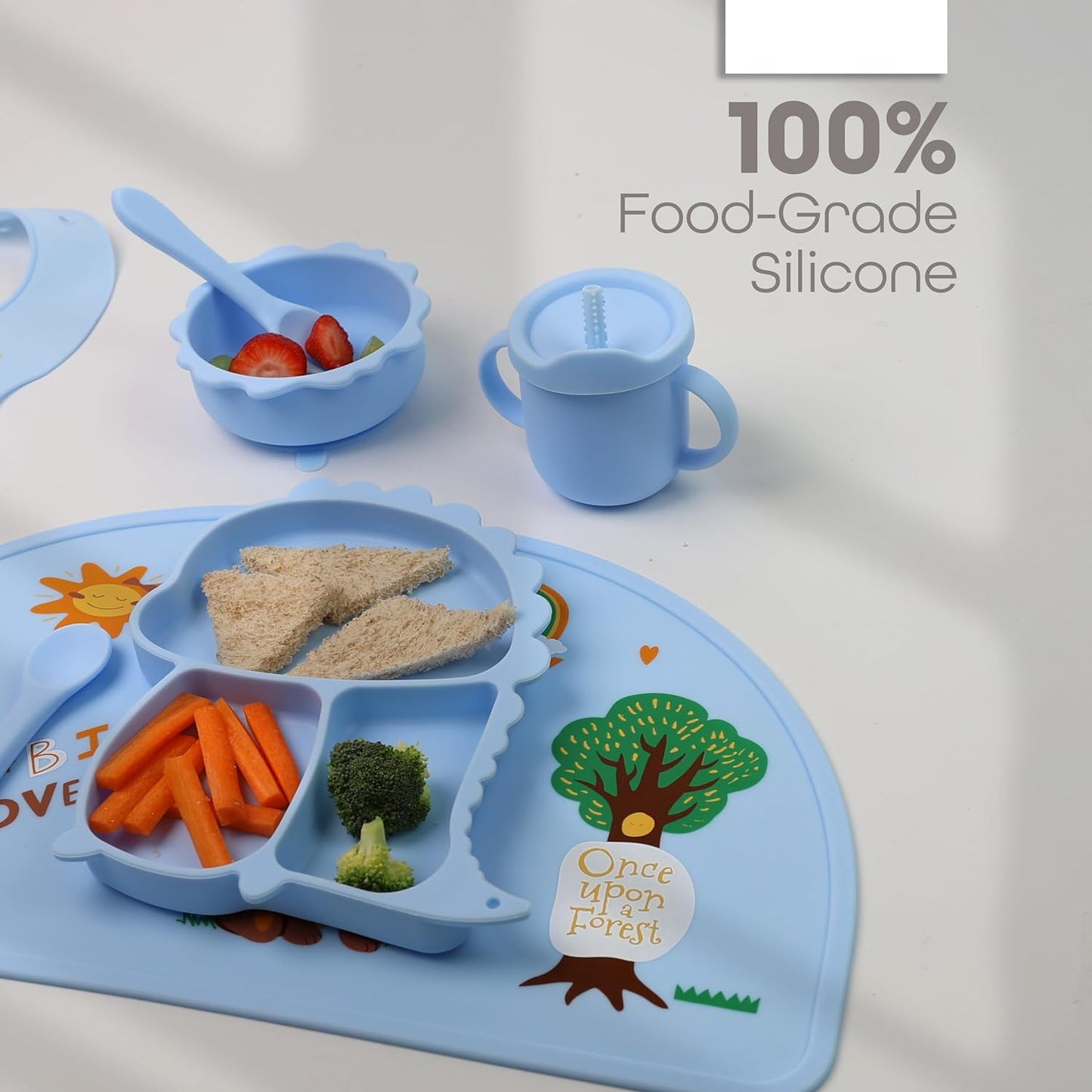 Silicone Baby Feeding Set  Includes Suction Bowl, Baby Plate, Fork, Spoon & Cup