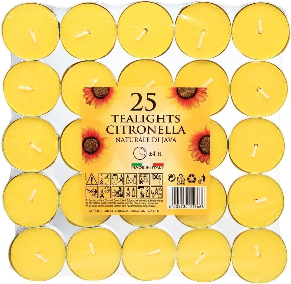 Pack Of 25 Citronella Tealights Candles 4 Hours Burn Outdoor Insect Repellent