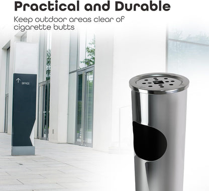 DIVCHI Cigarette Ash Bin Free Standing Stainless Steel Ash Tray Outdoor Rubbish Bins Cylindrical Ashtray Stand Cigar Receptacle Disposal Dustbin