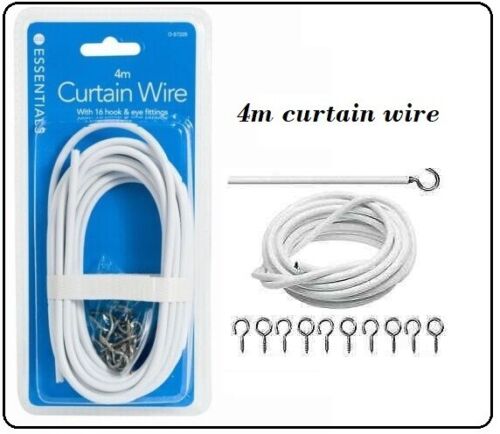 2M/3M/4M CURTAIN WIRE CORD CABLE WHITE WINDOW WITH HOOKS AND EYES