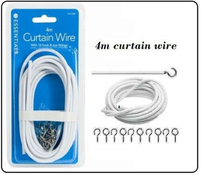 2M/3M/4M CURTAIN WIRE CORD CABLE WHITE WINDOW WITH HOOKS AND EYES