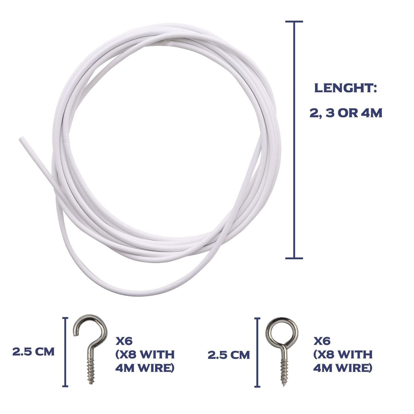 2M/3M/4M CURTAIN WIRE CORD CABLE WHITE WINDOW WITH HOOKS AND EYES