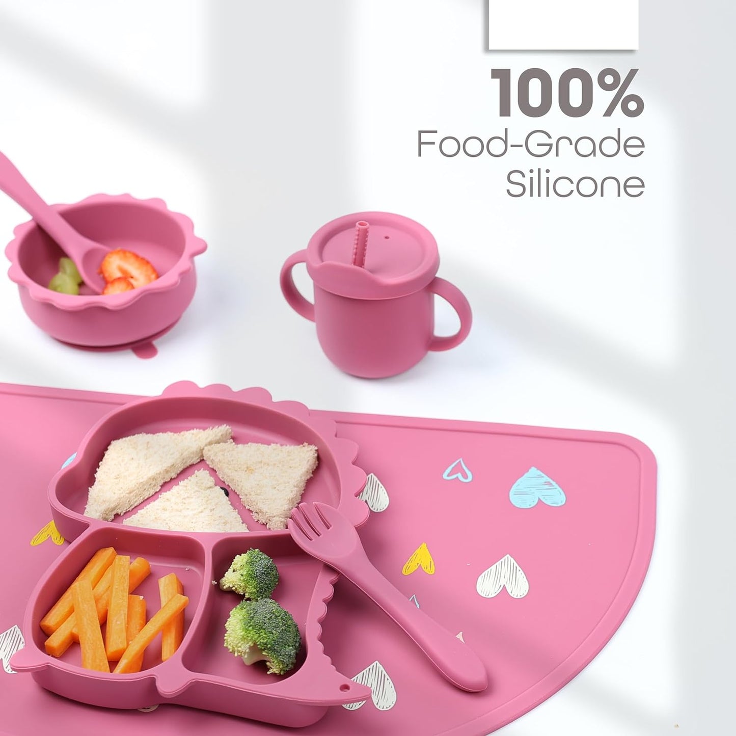 Silicone Baby Feeding Set  Includes Suction Bowl, Baby Plate, Fork, Spoon & Cup