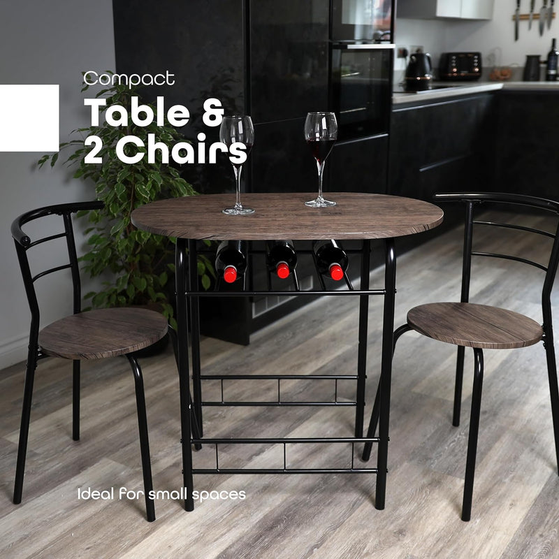 3 Piece Dining Table & Chairs Set With Storage Shelf And Wine Rack Modern Breakfast Bar Table