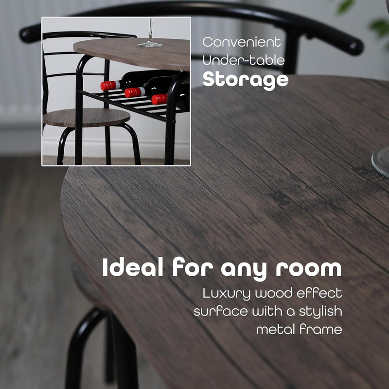 3 Piece Dining Table & Chairs Set With Storage Shelf And Wine Rack Modern Breakfast Bar Table