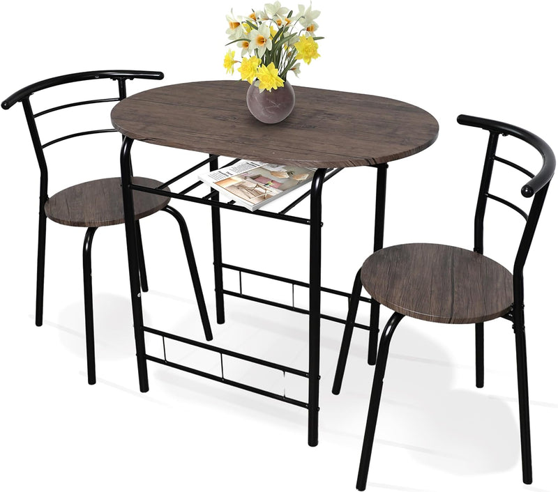 3 Piece Dining Table & Chairs Set With Storage Shelf And Wine Rack Modern Breakfast Bar Table