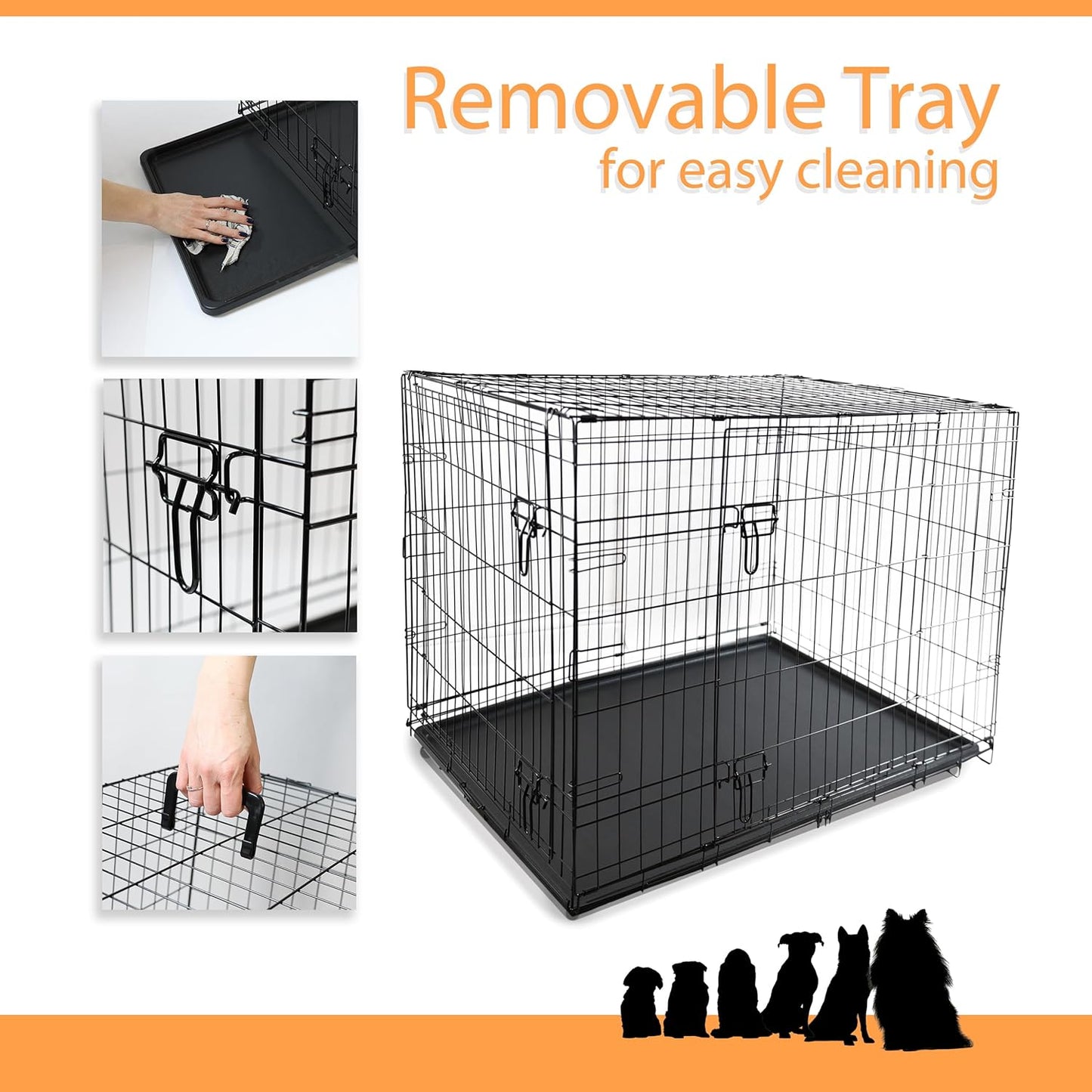 Dog Crate/Cage with Tray Durable, Foldable  with Double Doors | 2 Doors Easy Clean Removable Tray Cats House | Black