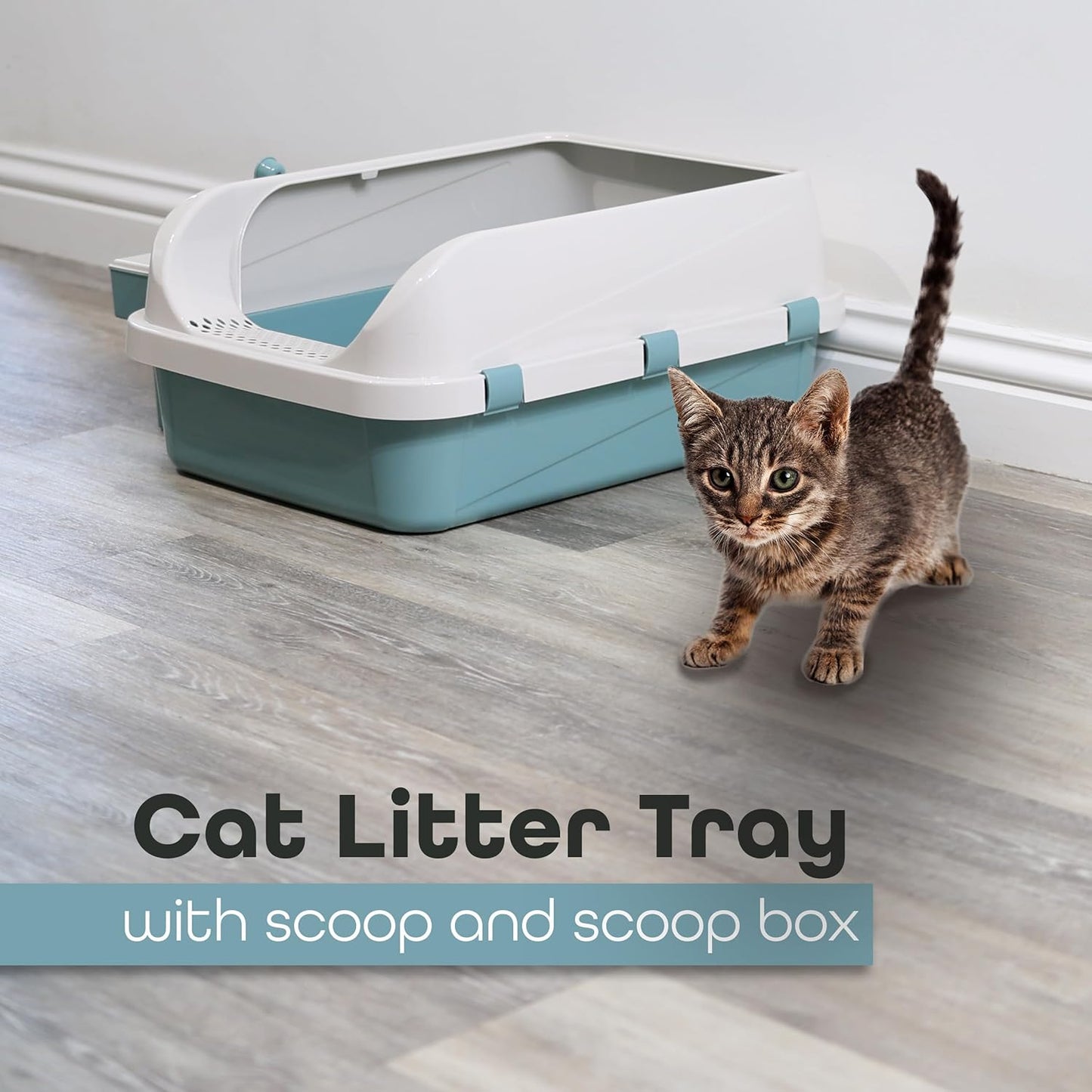 DIVCHI Cat Litter Tray Box, Litter Box, Plastic Cat Open Top Litter Tray with Scoop and Scoop Box Kitten Detachable Rim Easy Cleaning, 57.2 x 41.5 x 24.3cm