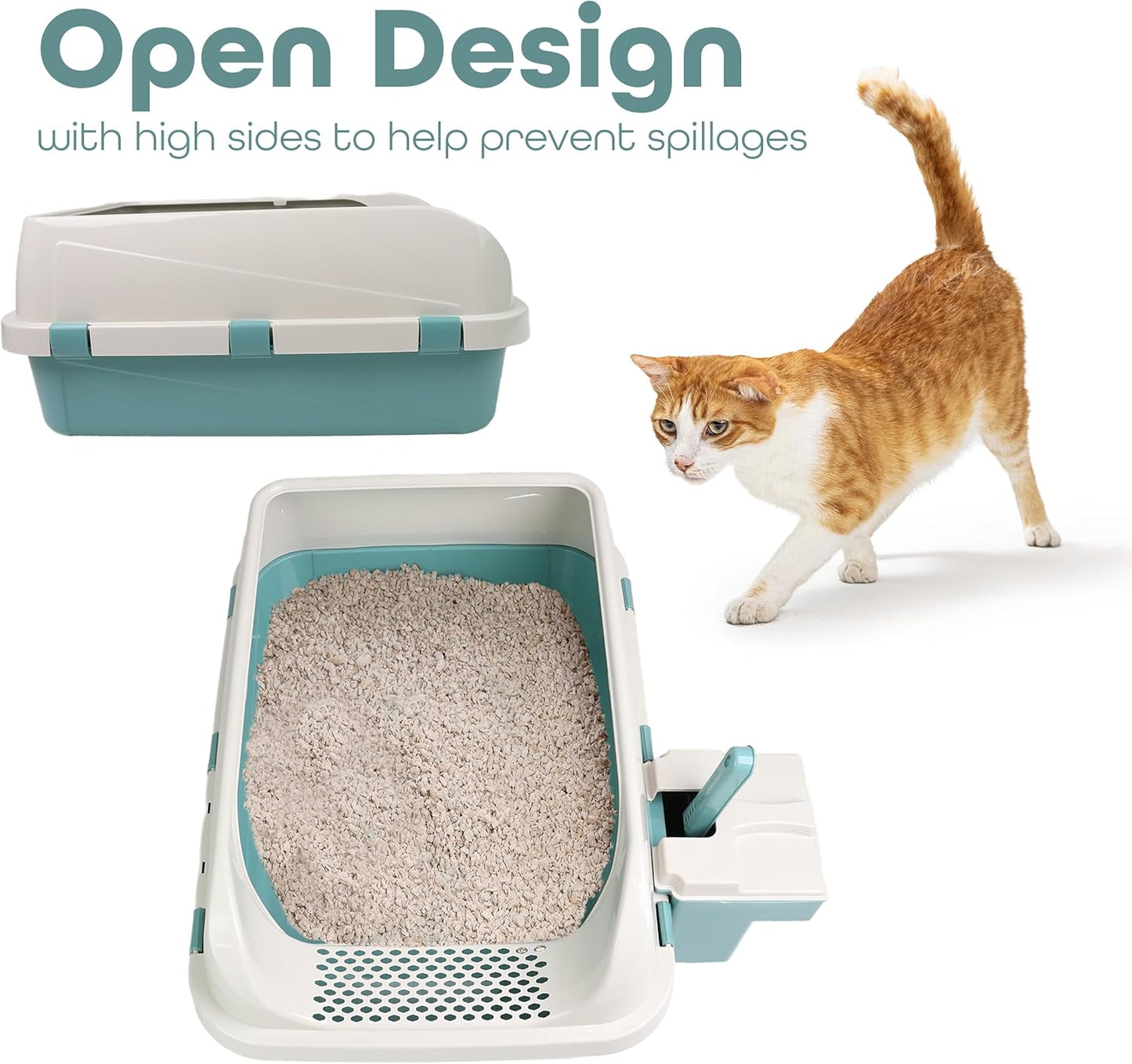 DIVCHI Cat Litter Tray Box, Litter Box, Plastic Cat Open Top Litter Tray with Scoop and Scoop Box Kitten Detachable Rim Easy Cleaning, 57.2 x 41.5 x 24.3cm