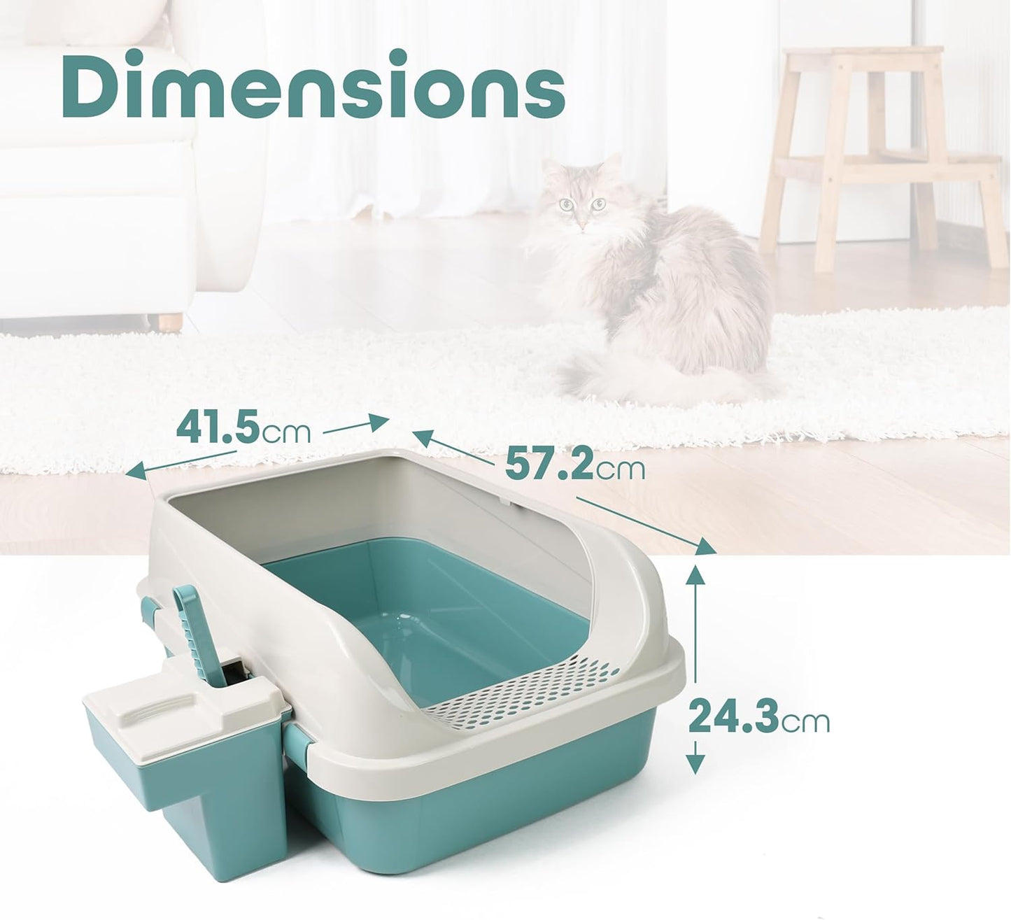 DIVCHI Cat Litter Tray Box, Litter Box, Plastic Cat Open Top Litter Tray with Scoop and Scoop Box Kitten Detachable Rim Easy Cleaning, 57.2 x 41.5 x 24.3cm