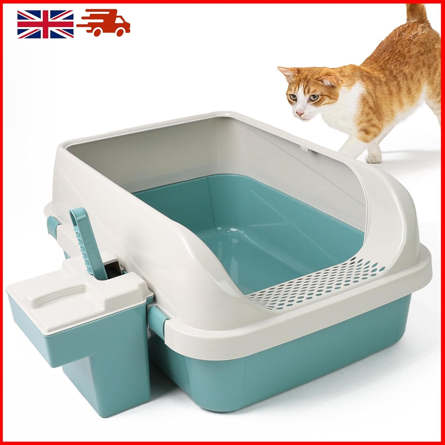 DIVCHI Cat Litter Tray Box, Litter Box, Plastic Cat Open Top Litter Tray with Scoop and Scoop Box Kitten Detachable Rim Easy Cleaning, 57.2 x 41.5 x 24.3cm