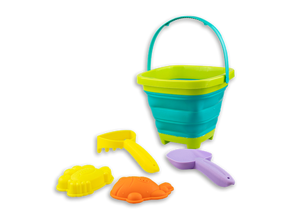 5 Pcs Foldable Beach Bucket set with 2 Moulds Perfect for Kids Beach Day