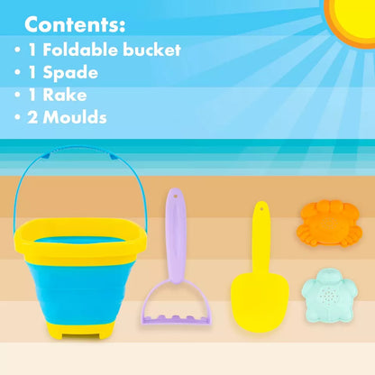 5 Pcs Foldable Beach Bucket set with 2 Moulds Perfect for Kids Beach Day