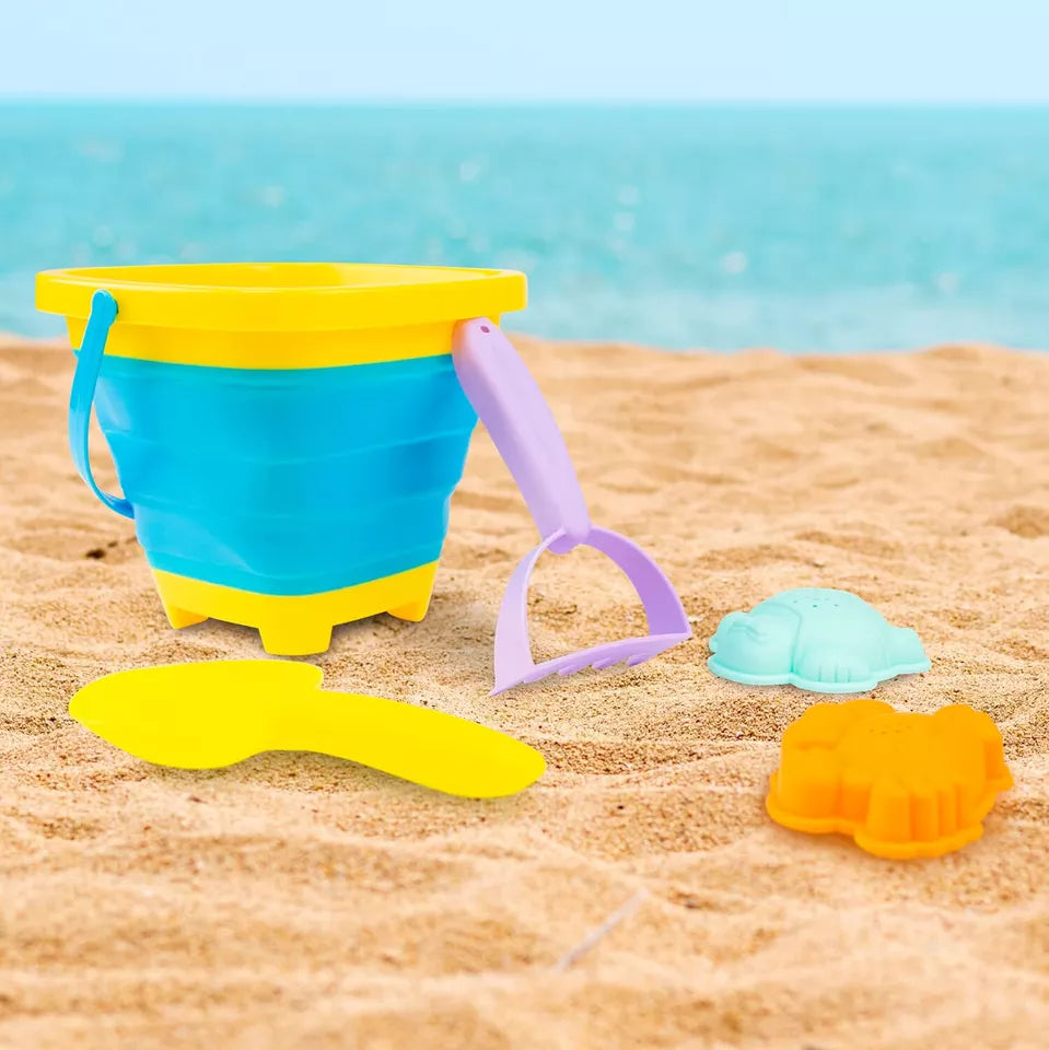 5 Pcs Foldable Beach Bucket set with 2 Moulds Perfect for Kids Beach Day