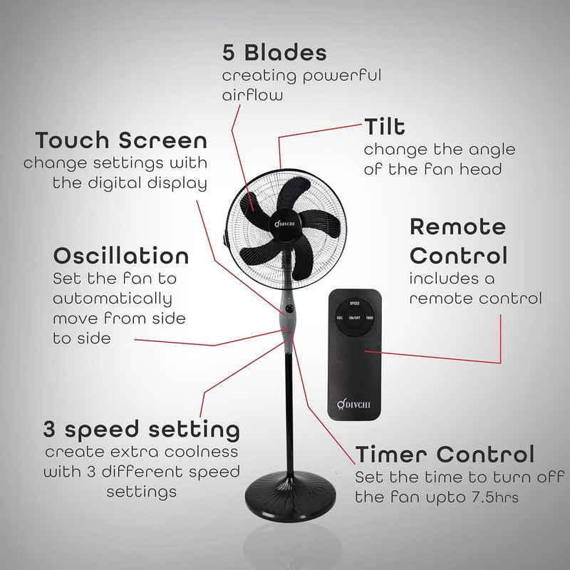 18 Inch Oscillating Pedestal Fan Black With Remote and Touch Screen Electric Fan