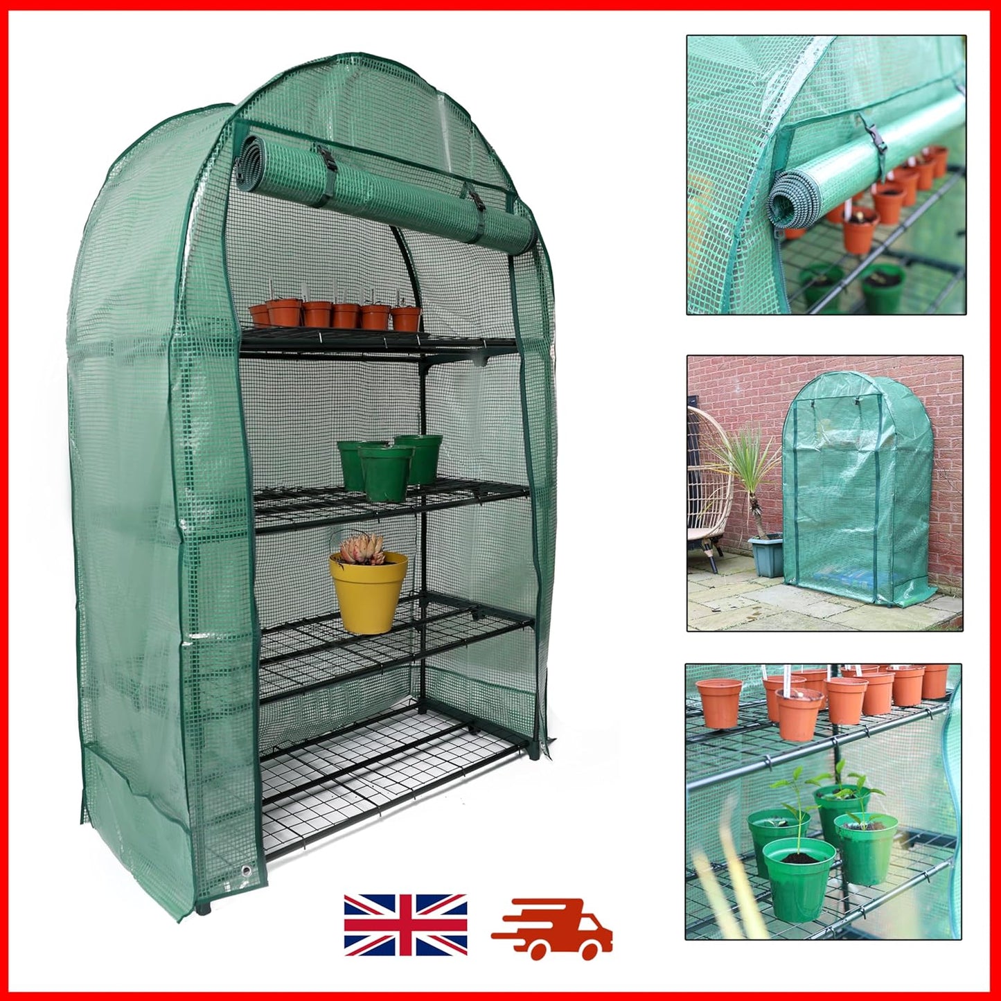 4 Tier Wide Greenhouse with Frame and Roll up Zip Panel Door Perfect for Garden