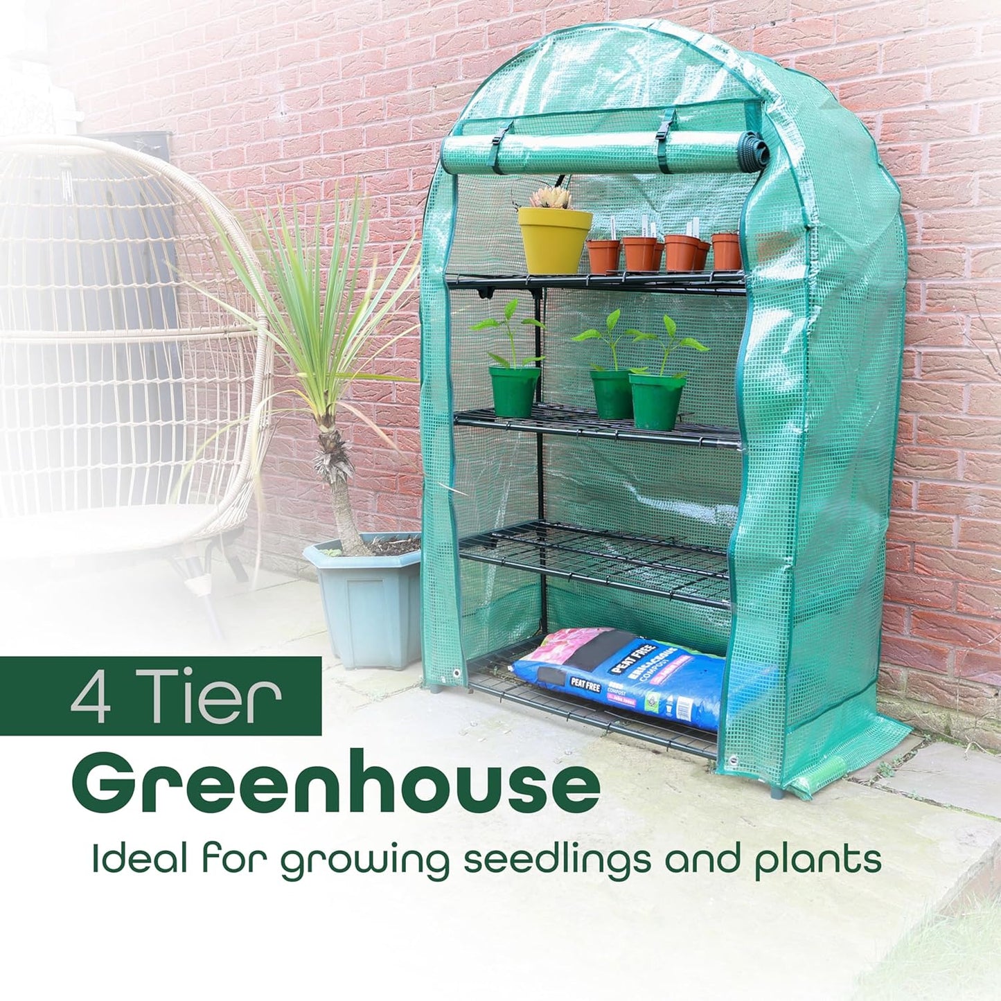 4 Tier Wide Greenhouse with Frame and Roll up Zip Panel Door Perfect for Garden