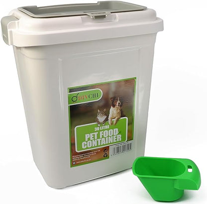 Pet Food Storage Container Flip Top Locking System With Integrated Scoop