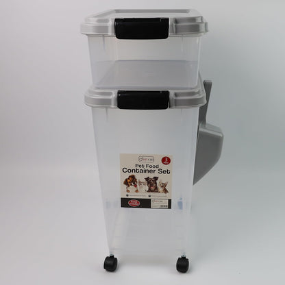 3-Pc Airtight Pet Food Storage Container With Plastic Measuring Scoop And Wheels