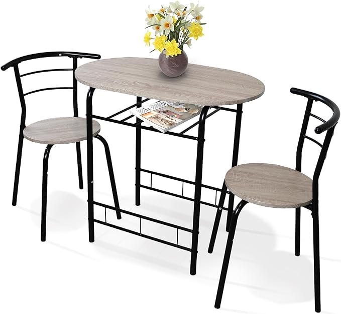 3 Piece Dining Table & Chairs Set With Storage Shelf And Wine Rack Modern Breakfast Bar Table