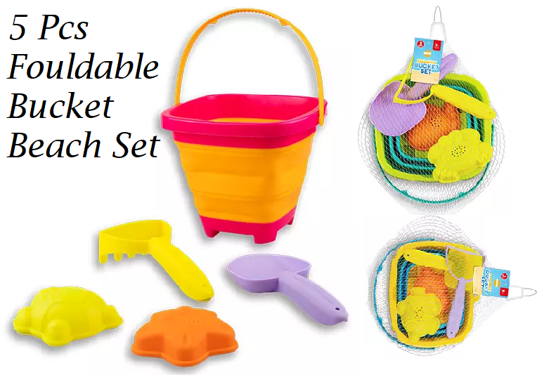 5 Pcs Foldable Beach Bucket set with 2 Moulds Perfect for Kids Beach Day