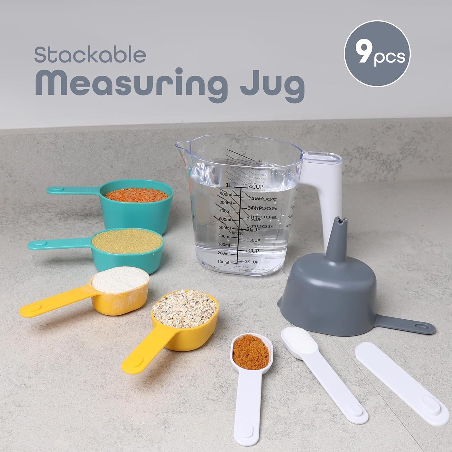 DIVCHI 9 Pieces Measuring Jug Set, Stackable Measuring Cups and Spoons, Kitchen Cooking Baking Measuring Spoons Set for Liquid and Dry