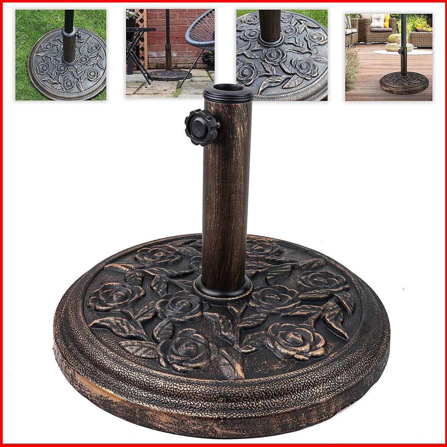 DIVCHI 9KG Parasol Base with Floral Design Cast Iron Effect - Suitable for Patio