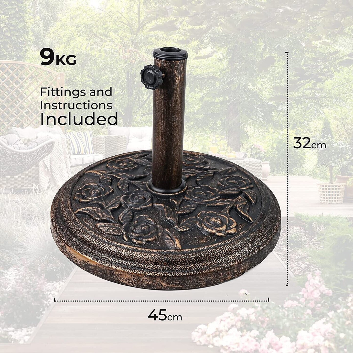 DIVCHI 9KG Parasol Base with Floral Design Cast Iron Effect - Suitable for Patio