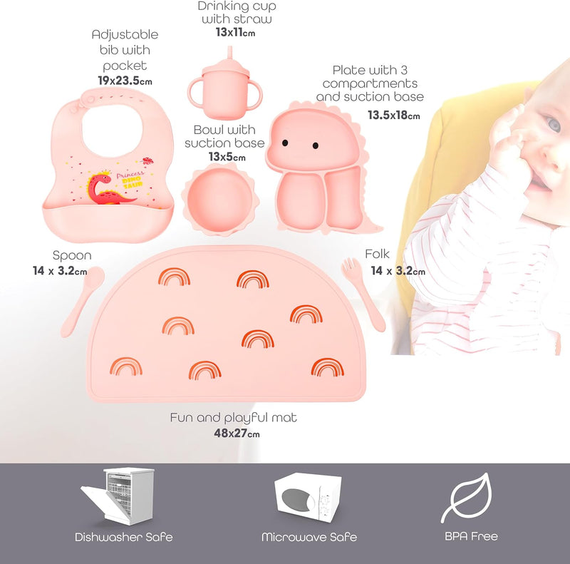 Silicone Baby Feeding Set  Includes Suction Bowl, Baby Plate, Fork, Spoon & Cup