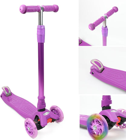 Scooter For Kids 3 Wheel Scooter For Girls & Boys, Kick Scooter With 4 Adjustable Height, Lean To Steer, Light Up Wheels Push Scooter For Children