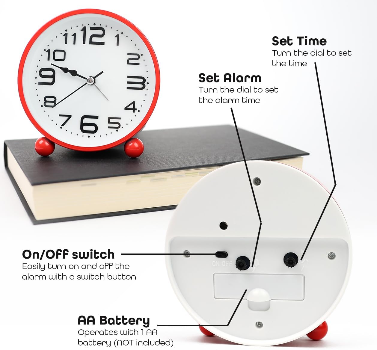 Non-Ticking Table Clock With Large Display Battery Powered For Heavy Sleepers