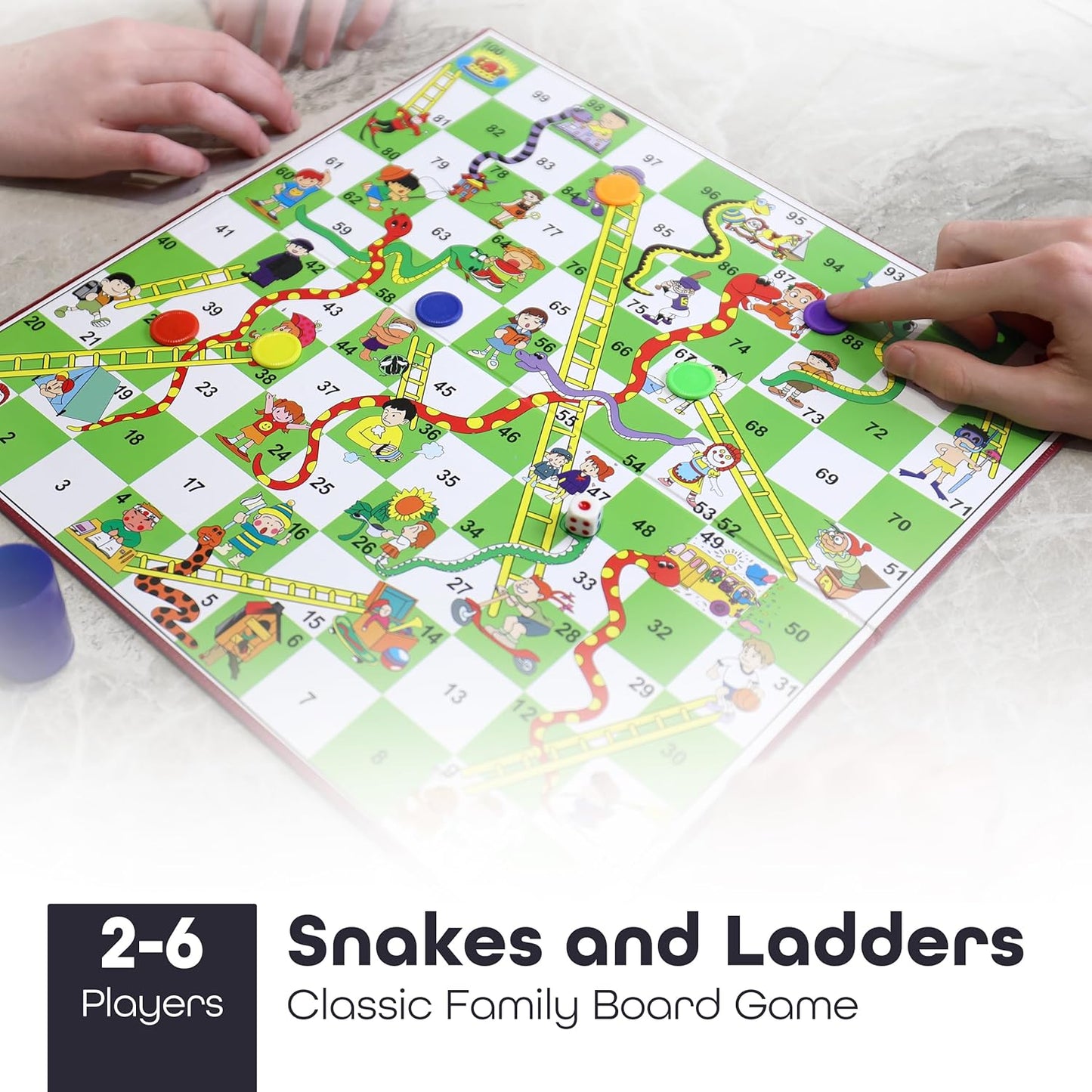 Snakes & Ladders Game for Kids & Adults - Traditional Board Games With Colourful Playing Pieces - For 2-6 Players - Age Years 3+