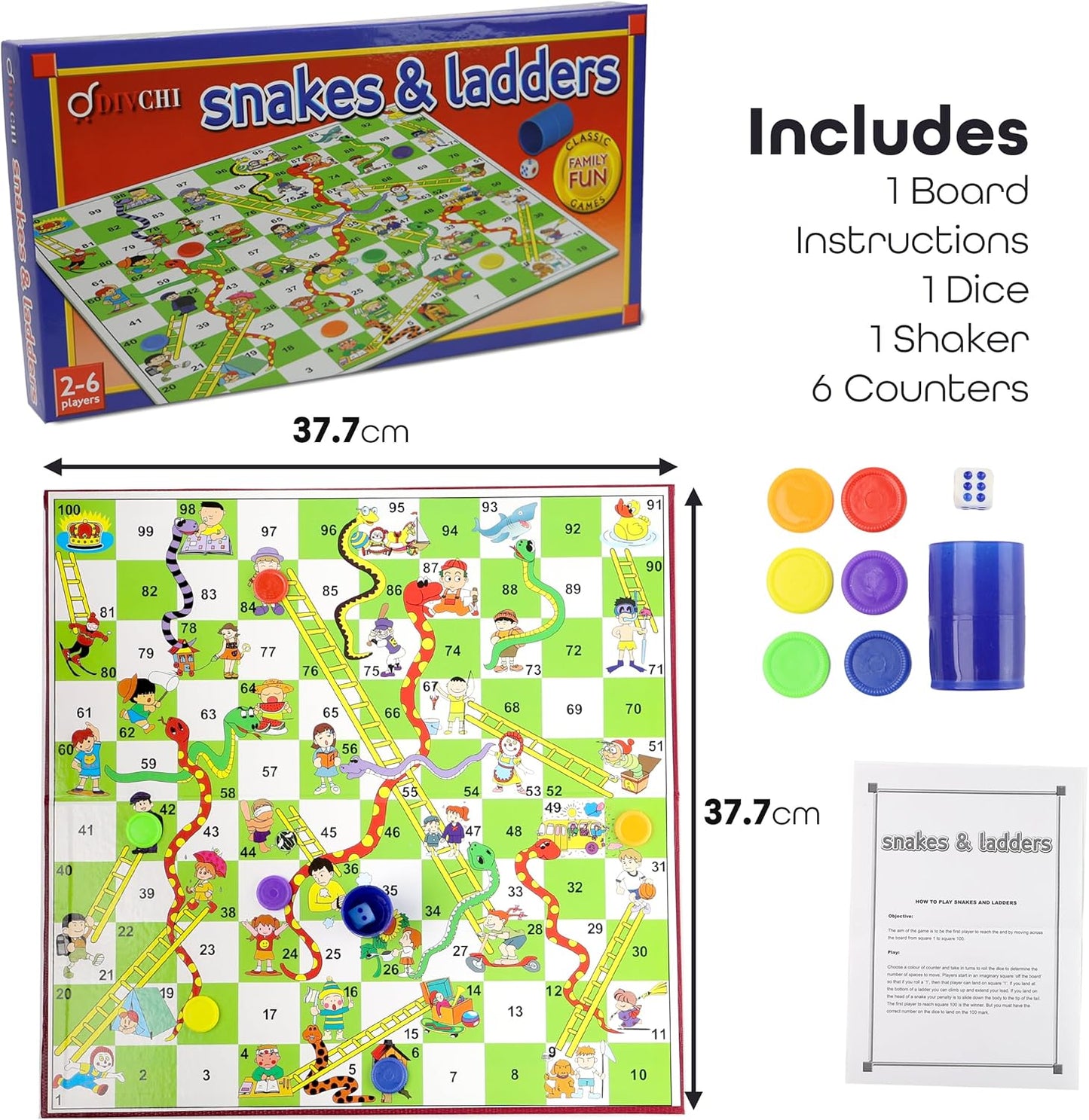 Snakes & Ladders Game for Kids & Adults - Traditional Board Games With Colourful Playing Pieces - For 2-6 Players - Age Years 3+