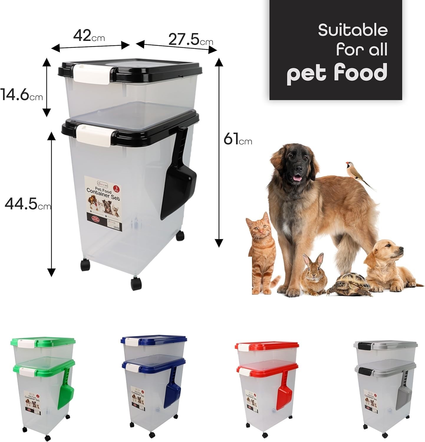 3-Pc Airtight Pet Food Storage Container With Plastic Measuring Scoop And Wheels