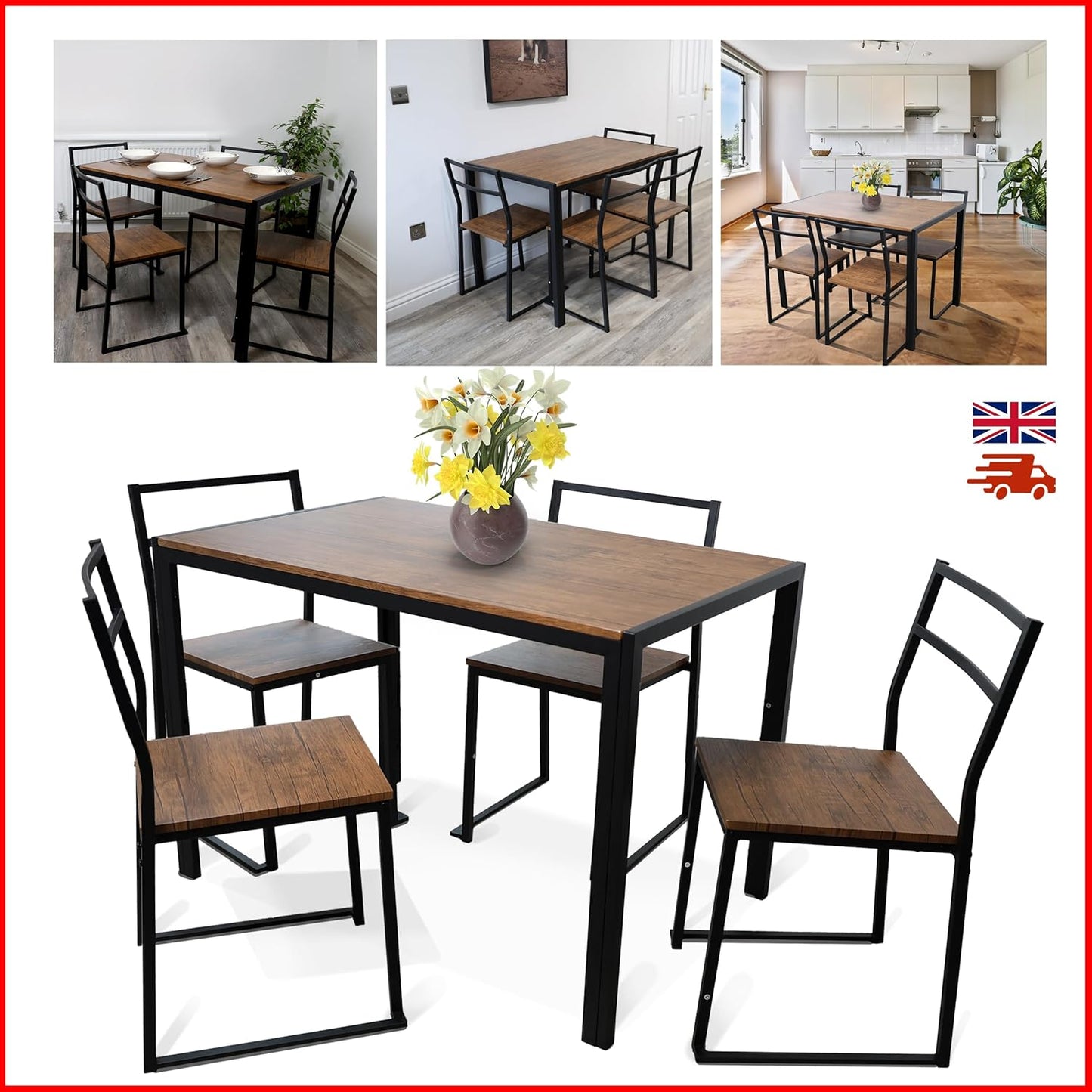 5 Piece Dining Room Set Modern Dining Table And Chairs Set Of 4 Breakfast Bar Table And Chairs With Metal Legs And Shelf Storage For Kitchen