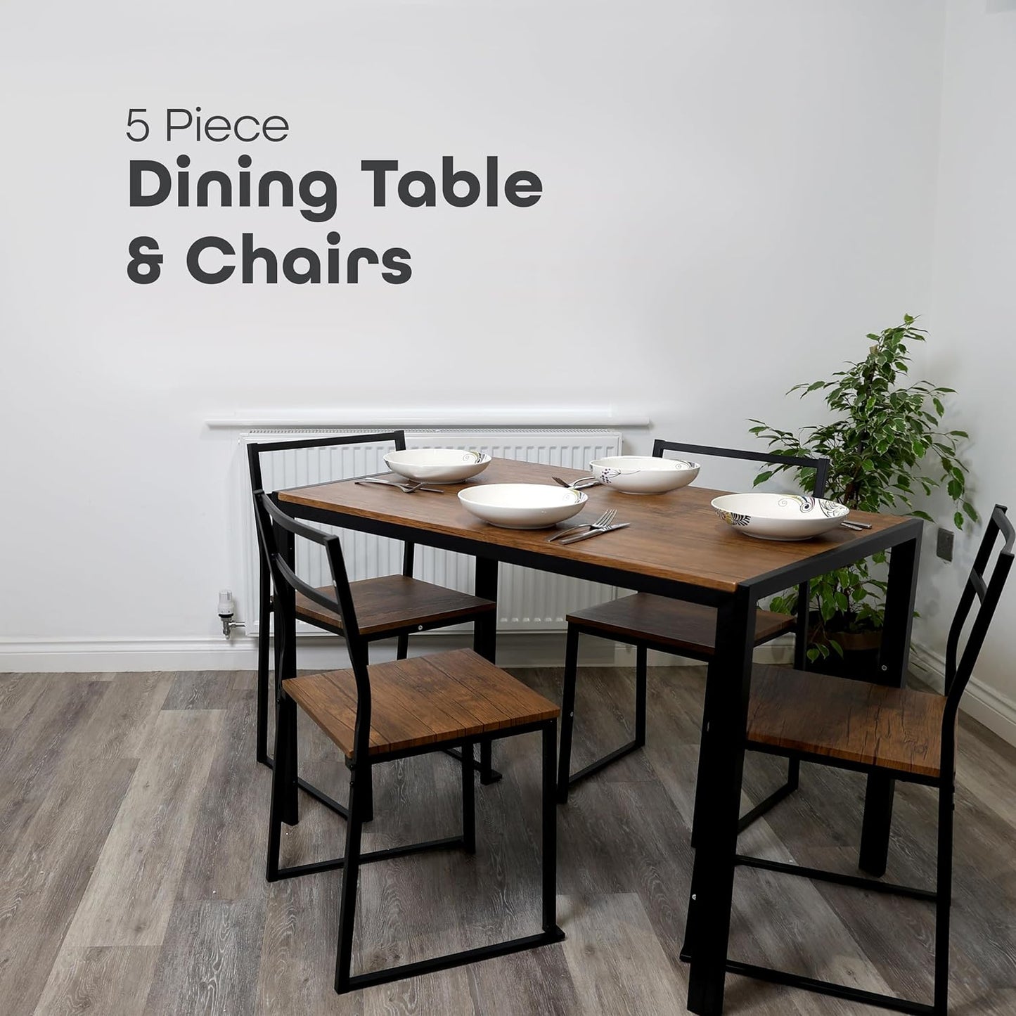 5 Piece Dining Room Set Modern Dining Table And Chairs Set Of 4 Breakfast Bar Table And Chairs With Metal Legs And Shelf Storage For Kitchen