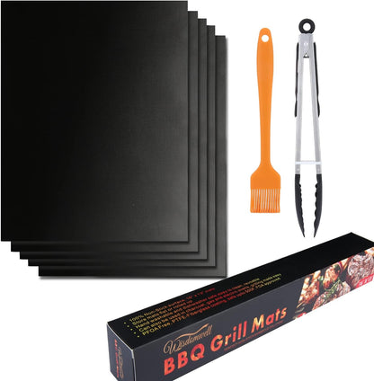 WISDOMWELL BBQ Grill Mat Set of 5 Non Stick Teflon Barbecue Baking Mats for Charcoal, Gas or Electric Grill - Heat Resistant, Reusable and Easy to Clean Free 12" BBQ Tongs and Silicone Brush